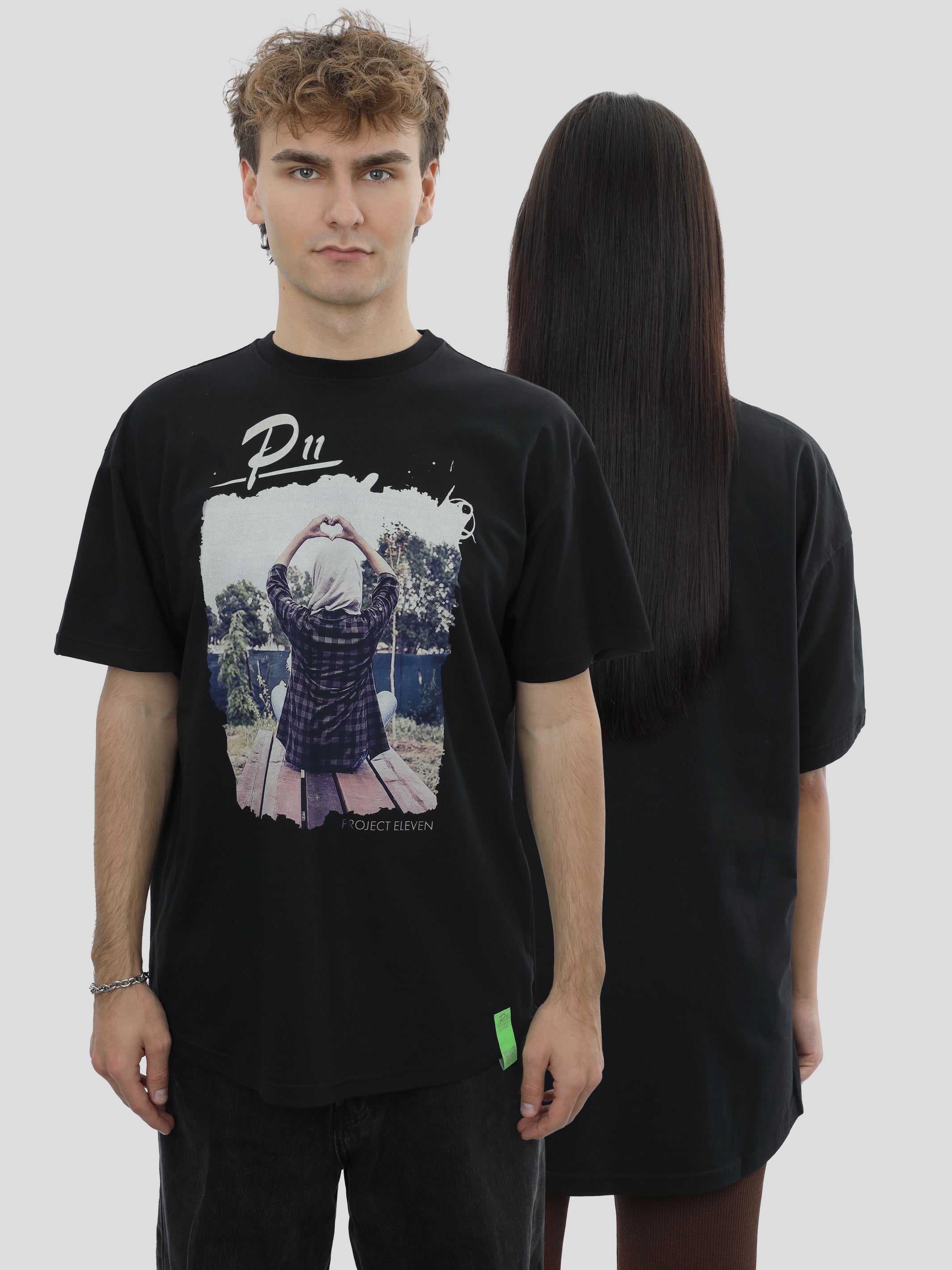 T-Shirt Oversize Unisex Hart Print in Zwart