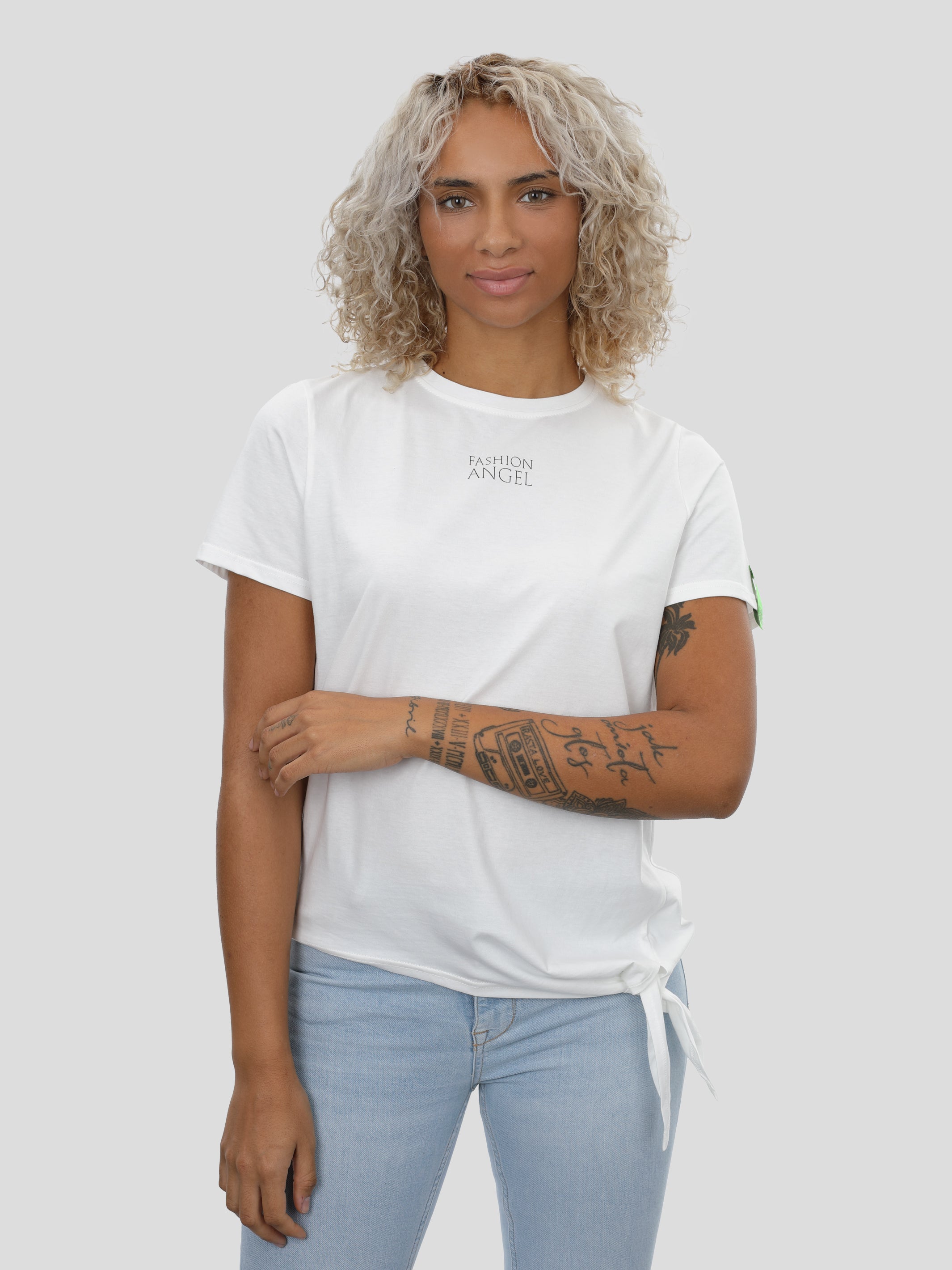 T-Shirt mit Saumschleife und Print in Off White