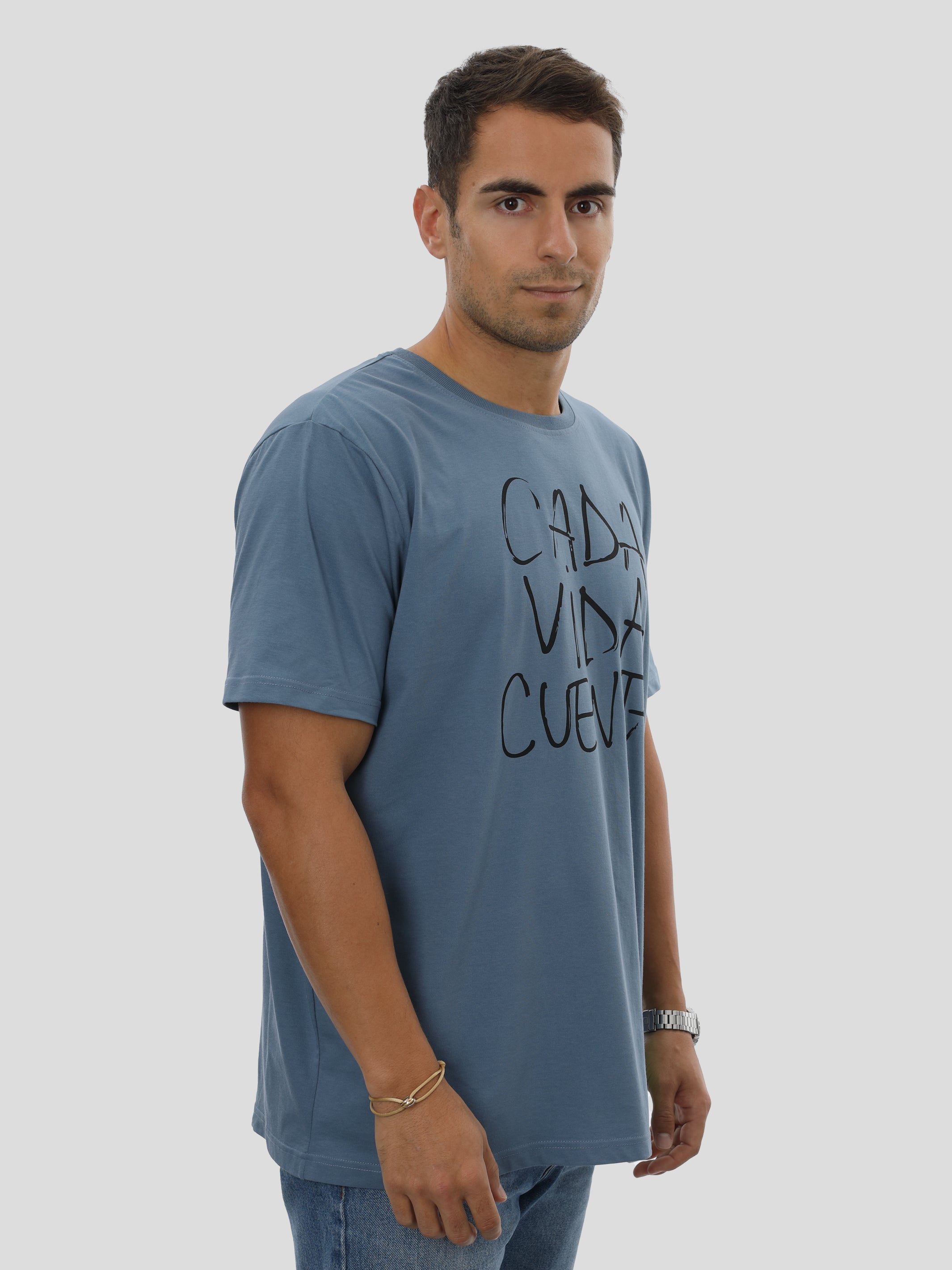 T-Shirt Regular Mannen met Print in Blauw