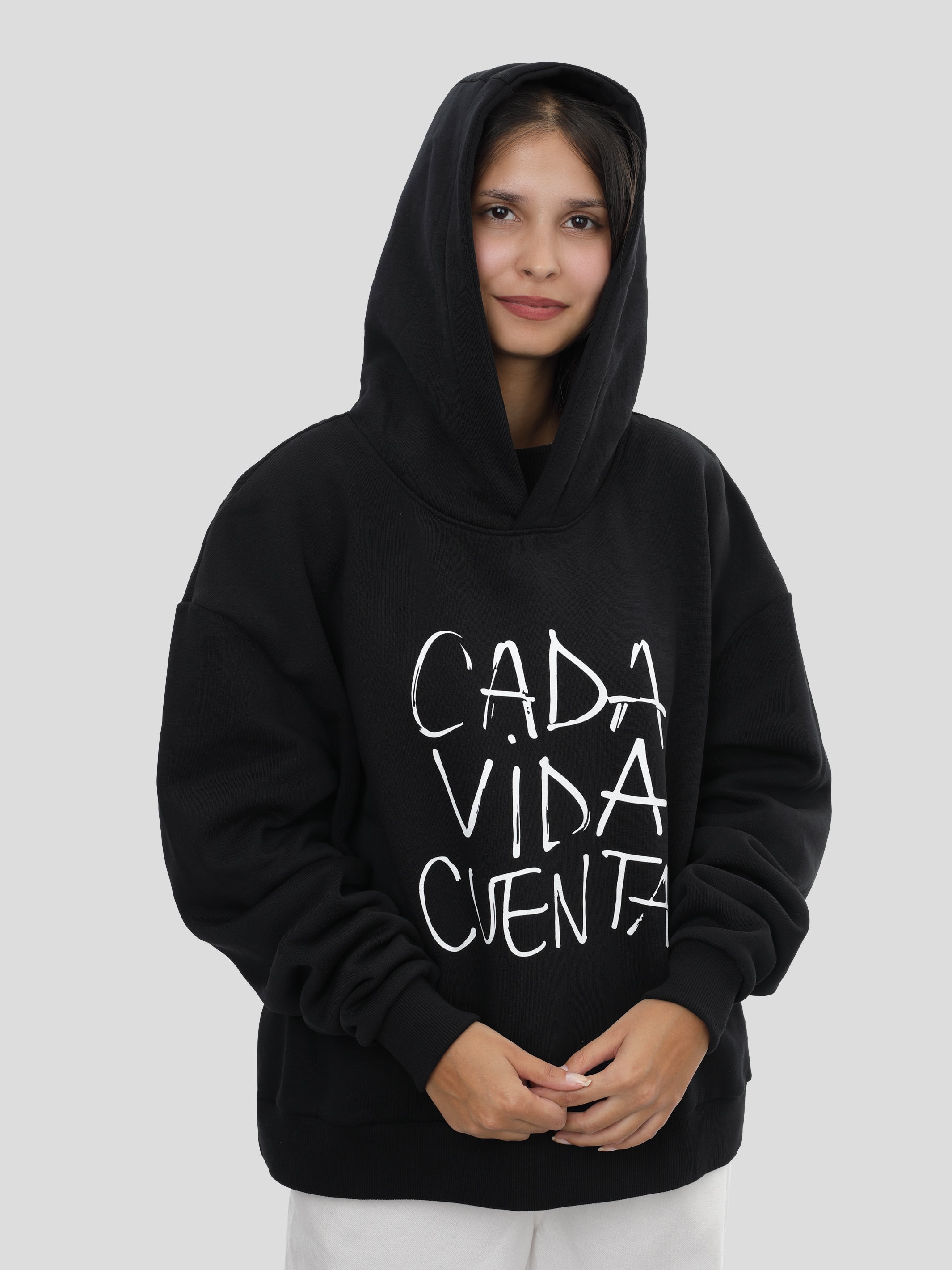 Boxy Hoodie Unisex met print in zwart